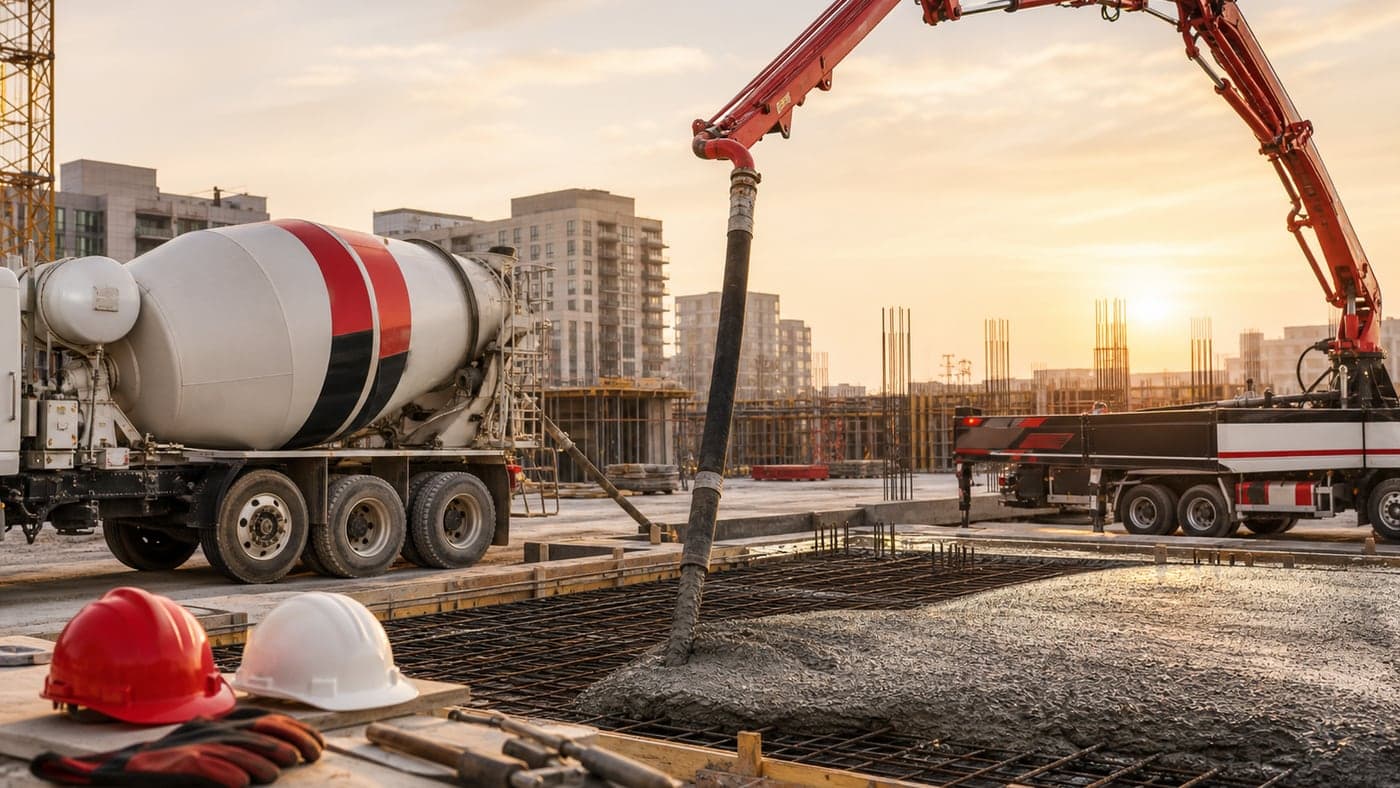 Camion malaxeur et pompe a beton sur chantier BTP