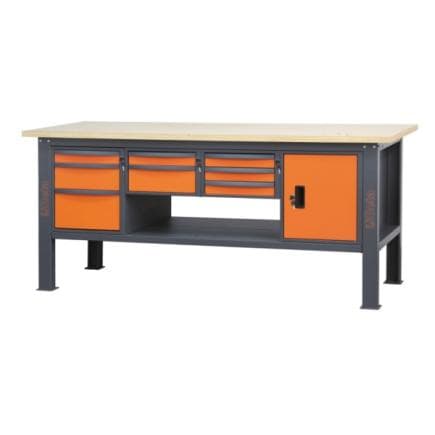 BETA 058000635 - Etabli 2,1m avec plan de travail en bois, 8 tiroirs et 1 compartiment de rangement avec porte