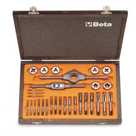 BETA 004460055 - Assortiment de tarauds et filières en acier chromé avec filetage métrique et accessoires en coffret bois