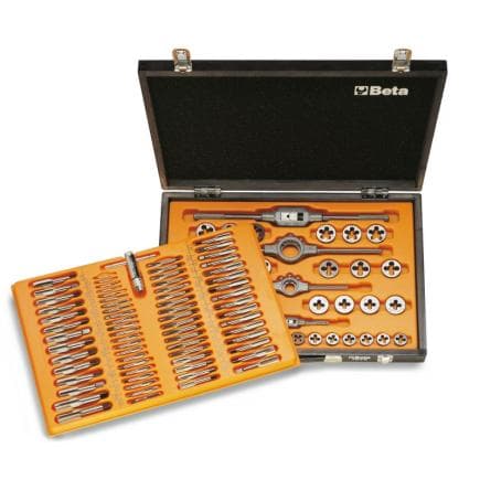 BETA 004460060 - Assortiment de tarauds et filières en acier chromé avec filetage métrique et accessoires en coffret bois
