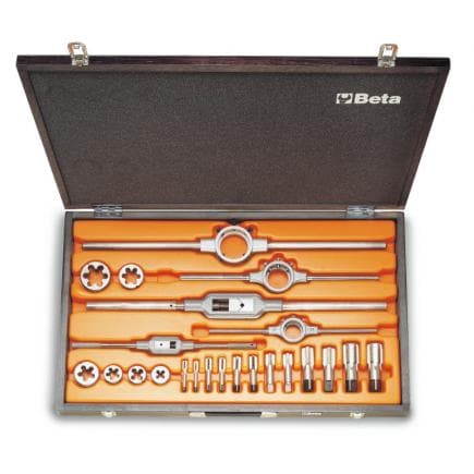 BETA 004460085 - Assortiment de tarauds et filières en acier chromé avec filetage GAZ cylindrique et accessoires en coffret bois