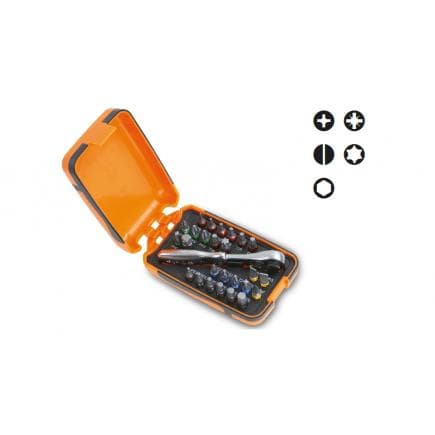 BETA 008600880 - Jeu de 25 embouts pour visseuses, 1 porte-douilles et 1 cliquet réversible en étui de poche