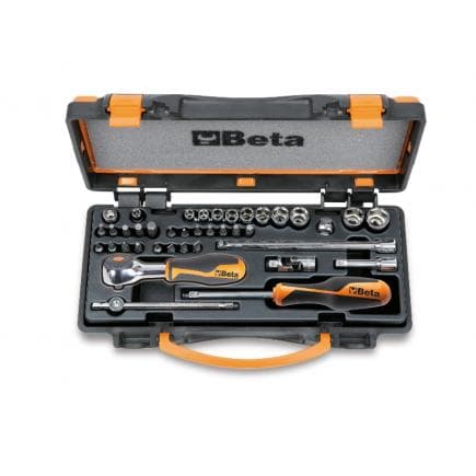 BETA 009000980 - Coffret métallique avec plateau thermoformé rigide comprenant 1 cliquet avec 11 douilles 6 pans, 20 embouts pour visseuses et 7...