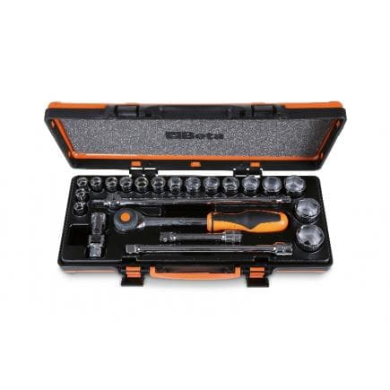 BETA 009200939 - Coffret métallique avec plateau thermoformé rigide comprenant 1 cliquet avec 17 douilles 6 pans et 5 accessoires