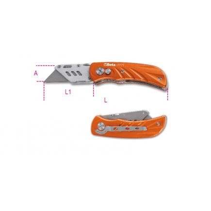 BETA 017770030 - Couteau à cran d'arrêt avec lame trapézoïdale en acier inoxydable, poignée en aluminium fournie avec 5 lames de rechange (lot...