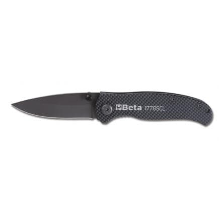 BETA 017780089 - Couteau à cran d'arrêt avec finition soft carbon look lame en acier trempé avec étui (lot muliple)