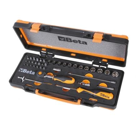 BETA 009000962 - Coffret métallique avec plateau en mousse compacte comprenant 1 cliquet avec 12 douilles 6 pans, 20 embouts pour visseuses et 7...