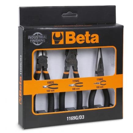 BETA 011690073 - Jeu de 1 pince universelle, 1 pince à becs demi-ronds longs et 1 pince coupante avec branches gainées avec double couche de PVC...
