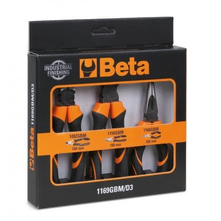 BETA 011690273 - Jeu de 1 pince universelle, 1 pince à becs demi-ronds longs et 1 pince coupante avec branches gainées confort bi-matières et...