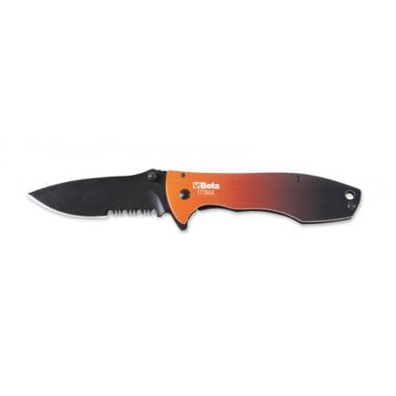 BETA 017780026 - Couteau à cran d'arrêt, lame en acier inoxydable à dents, manche en aluminium, avec cran pour ouverture aisée, avec étui (lot...