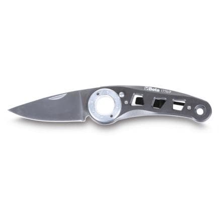 BETA 017780088 - Couteau à cran d'arrêt, lame et manche en acier inoxydable et aluminium, bouton d'ouverture avec étui (lot muliple)