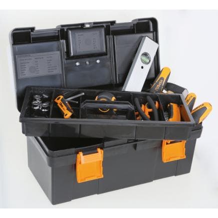 BETA 021151234 - Boîte à outils en plastique avec plateau et bacs de rangement amovibles et assortiment de 49 outils à usage universel