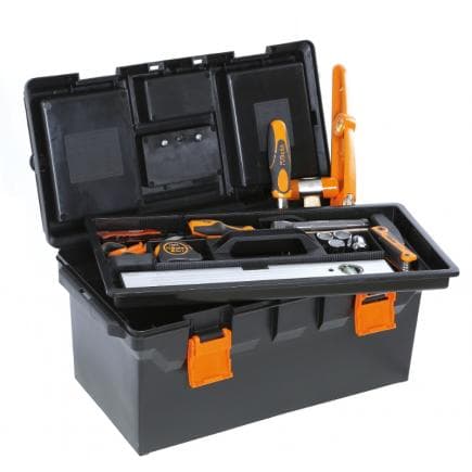 BETA 021151242 - Boîte à outils longue en matière plastique avec plateau, bacs de rangement et assortiment de 45 outils à usage universel