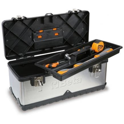 BETA 021171145 - Boîte à outils en acier inoxydable et en matière plastique avec plateau amovible et assortiment de 74 outils à usage universel