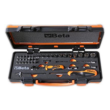 BETA 009001792 - Coffret 1/4 composé de 12 douilles multi empreintes, 20 embouts et 7 accessoires dans un plateau en mousse