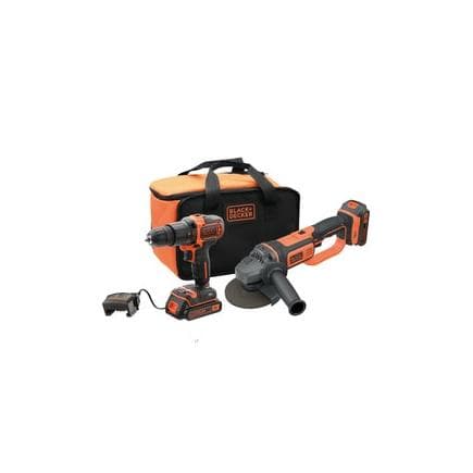 BLACK & DECKER BCK24D2S-QW - Perceuse-visseuse à percussion sans fil et meuleuse d'angle dans sac souple (avec 2 batteries et chargeur)