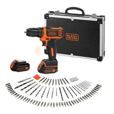 BLACK & DECKER BDCDD12BAFC-QW - Perceuse-visseuse 10,8 V (avec 2 batteries, un chargeur, 100 accessoires et une mallette de transport)
