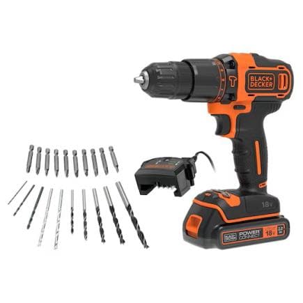 BLACK & DECKER BDCHD18D1KA-QW - Perceuse-visseuse sans fil 18V avec impact (avec batterie 2,0 Ah, chargeur, 20 accessoires et mallette de transport)