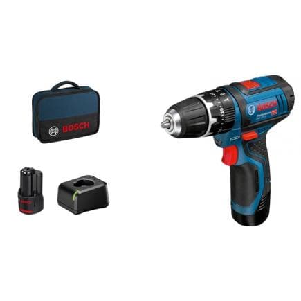 BOSCH 06019B690H - GSB 12V-15 - Perceuse sans fil 12V avec 2 batteries 2Ah et chargeur, 0 - 380 / 0 - 1.300 rpm, ø vis max. 7 mm