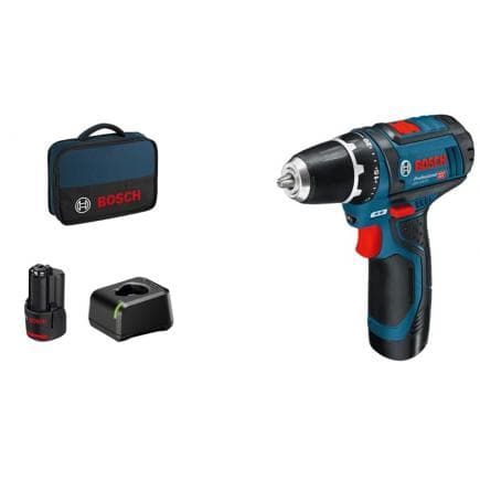 BOSCH 060186810F - GSR 12V-15 - Perceuse sans fil 12V avec 2 batteries 2Ah et chargeur, 0 - 400 / 0 - 1.300 rpm, ø vis max. 7 mm