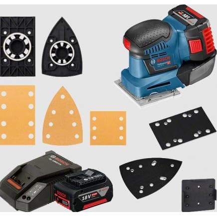BOSCH 06019D0201 - GSS 18V-10 - Ponceuse orbitale sans fil 18 V 101x113 mm en coffret avec 2 batteries de 5 Ah, chargeur et accessoires