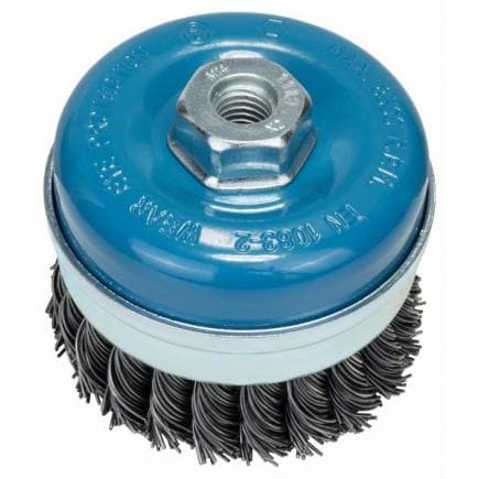 BOSCH 2609256506 - Brosse métallique à godet pour meuleuses d'angle et meuleuses droites avec fil cranté, revêtue de laiton, M14 90mm