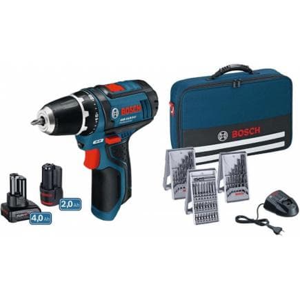 BOSCH 0615990G6L - GSR 12V-15 - Jeu de perceuses-visseuses avec 2 batteries, chargeur, jeu d'embouts et étui souple