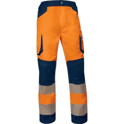 DELTA PLUS M2PA3STRHVORGT - Pantalon extensible multipoches haute visibilité classe 2, orange fluo et bleu marine