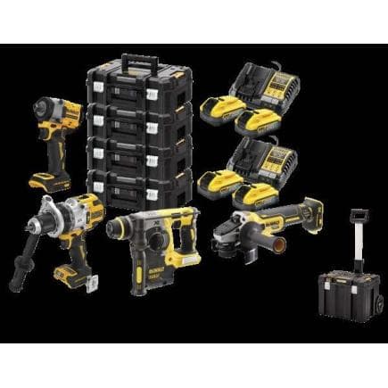 DeWALT DCK5017H4T-IT - Ensemble 5 XR 18V avec DCD1007 perceuse-marteau, une perceuse SDS-Plus DCH273, une meuleuse DCG405 de 125 mm et une clé à...