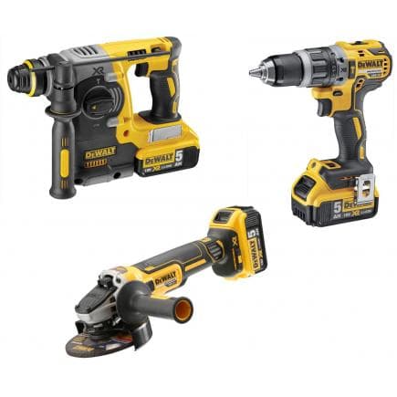 DeWALT DCK353P4T-IT - Kit with SDS-Plus rotary hammer, hammer drill, 125mm grinder, 4 XR 18V 5.0Ah batteries, 2 chargers and 3 TSTAK cases