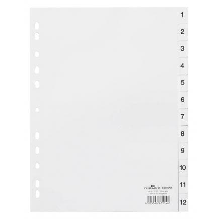DURABLE 6112-02 - Intercalaire A4 12 touches 1-12 avec cavalierini pré-imprimé et index en PPL, blanc