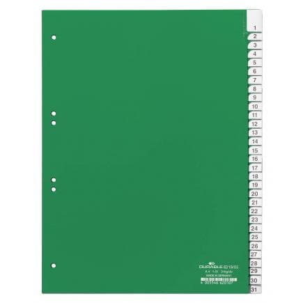 DURABLE 6219-05 - Intercalaire A4 31 touches 1-31 thermoscellées avec index, vert