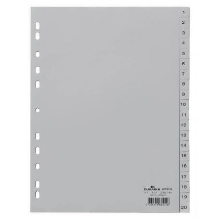 DURABLE 6522-10 - Intercalaire A4 20 touches 1-20 broches pré-imprimées en PPL, gris (lot muliple)