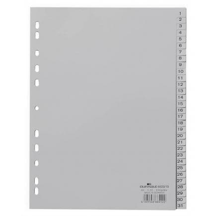 DURABLE 6523-10 - Intercalaire A4 31 touches 1-31 stries pré-imprimées en PPL, gris (lot muliple)