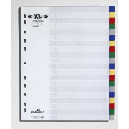 DURABLE 6759-27 - Intercalaire A4+ 20 touches avec picots de couleur et index en PPL, multicolore