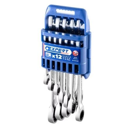 EXPERT E111137 - Jeu de 12 clés à cliquet plates 12 pans métriques en rack plastique 8 -19 mm