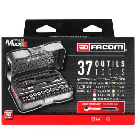 FACOM R.161-6M6PB - Jeu de cliquet, douilles 1/4'' 6 pans métriques et embouts (37 pièces)