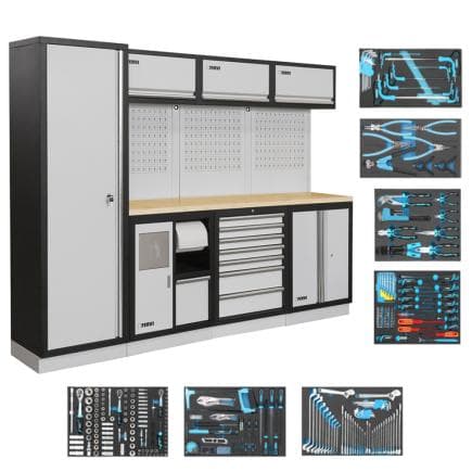 FERVI A007G-PRO - Mobilier d’atelier avec plan de travail en bois avec assortiment d’outils (290 pcs.)