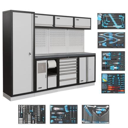 FERVI A008G-PRO - Mobilier d’atelier avec plan de travail en acier avec assortiment d’outils (290 pcs.)
