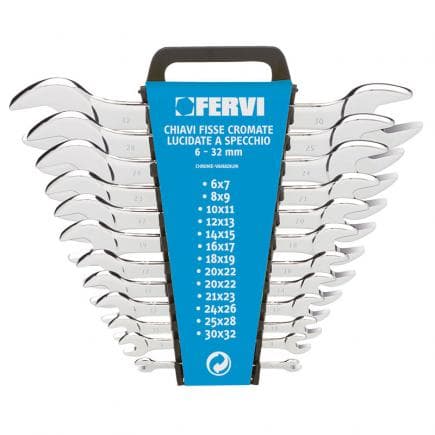 FERVI 0201 - Jeu de clés fixes longues chromées polies en miroir (12 pcs.)