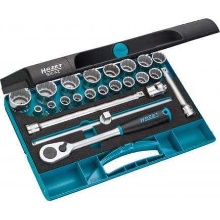 HAZET 900AZ - Jeu de clés à cliquet et embouts pour clé à douilles double 1/2" avec profil d'entraînement à moletage en pouces (23 pcs.)