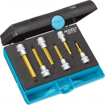 HAZET 8801/6 - Jeu d'embouts pour clé à douilles pour tournevis hexagonaux métriques courts à moletage avec adaptateur carré intérieur 3/8" (6 pcs.)