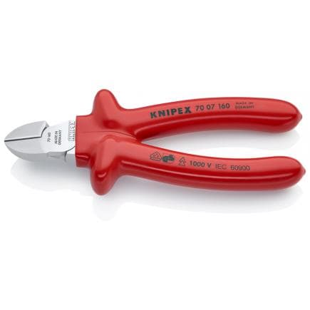 KNIPEX 70 07 160 - Pince coupante latérale de mécanicien chromée, poignées isolées par immersion, certifiées VDE, avec tranchant allongé