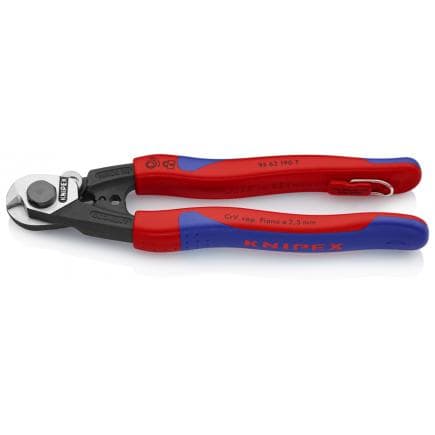 KNIPEX 95 62 190 T - Cisaille pour câble en acier, forgée à tête polie, poignées revêtues d'un matériau bi-composant, avec bague de fixation intégrée