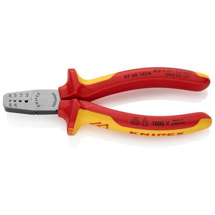 KNIPEX 97 68 145 A - Pince à sertir pour cosses à douille, tête polie, poignées isolées revêtues d'un matériau bi-composant, certifiées VDE
