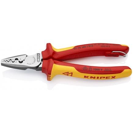 KNIPEX 97 78 180 T - Pince à sertir pour cosses à douille, tête polie, poignées isolées revêtues d'un matériau bi-composant, certifiées VDE, avec...