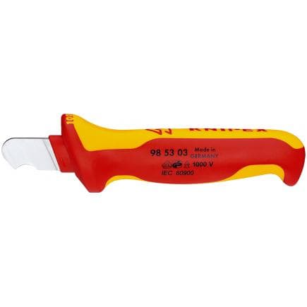 KNIPEX 98 53 03 - Couteau à dénuder VDE, avec manche isolé, en matériau bi-composant, lame fixe en forme de crochet