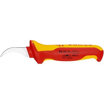 KNIPEX 98 53 13 - Couteau à dénuder VDE, avec manche isolé, en matériau bi-composant, lame fixe en forme de faucille fine