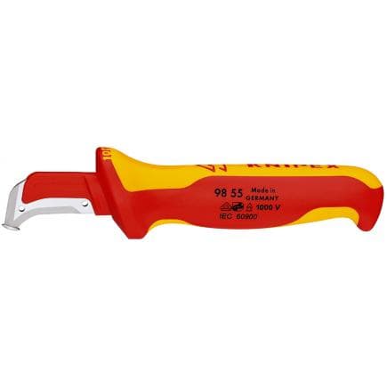 KNIPEX 98 55 - Couteau à dénuder VDE, avec manche isolé, en matériau bi-composant, lame fixe en forme de faucille
