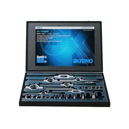 KRINO 17020636 - Jeux de filetage HSS pour l'industrie avec filetage conique à gaz pour tuyaux dans une boîte en bois (30 pcs.)